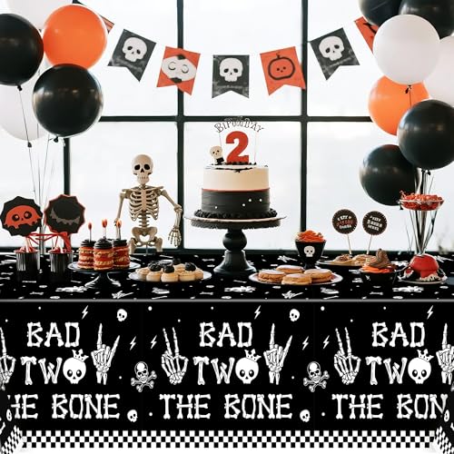 Image of K1tpde 3PCS Bad Two The Bone Party Tablecloth for Kids, Music Themed 2nd Black Plastic Tablecloth, Rock and Roll 2nd Disposable Table Covers for Birthday Decoration, Skeleton Party Supplies