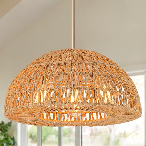 Rattan Boho Chandelier Dinning Light Fixture,17.7'' Rattan Pendant Light,Boho Hand Woven Chandelier...
