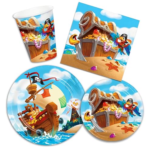 Decoraparty Set de vaisselle Pirates pour anniversaire, décorations de table pour 8 invitations, fête, 8 grandes assiettes, 8 petites assiettes, 16...