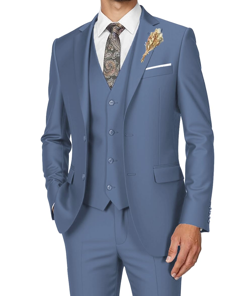 Men's Suits 3 Piece Slim Fit Dress Tuxedo for Men Two Button Solid Jacket Vest Pants Set