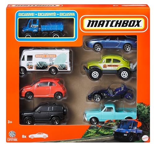 Matchbox-Set mit 8 Die-Cast-Autos oder -Trucks im Maßstab 1:64 (Verschiedene Modelle, zufälliges Set), themenbezogenes Multipack, darunter 1 Exklusives Fahrzeug, HVR81