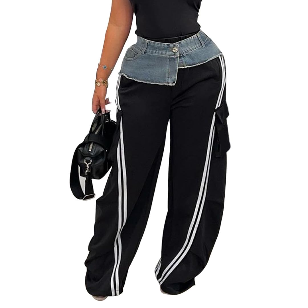Famnbro Womens Cargo Sweatpants Striped Baggy Patchwork Denim High Waisted Straight Wide Leg Track Pants