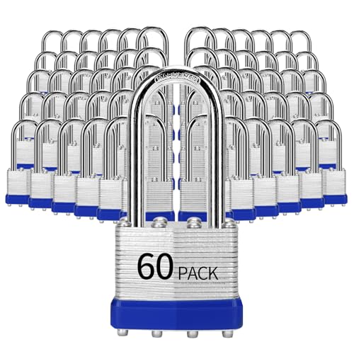 Image of Padlocks Keyed Alike, Pack of 60, Laminated Steel Keyed Lock (1-9 /16 inch, 40mm), Padlocks with Same Key, Long Shackle, for Toolbox, Locker & Storage Unit, and More