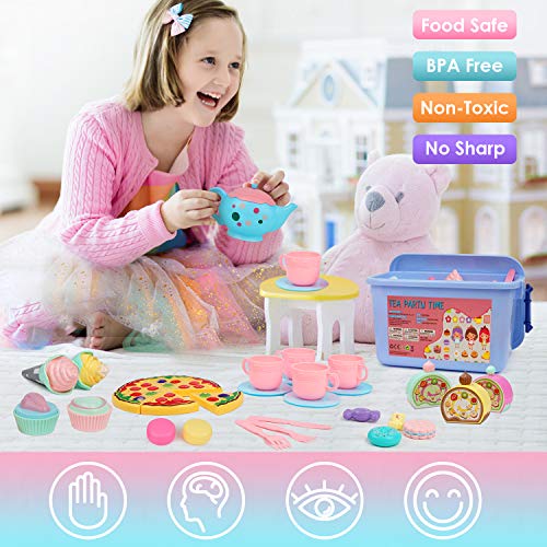 BGdoyz Kids Tea Set Princess Tea Time Toy, 74 Pieces Pretend Play Food Set Tea Party Playset Accessories, Including Plastic Teapots Teacups Cookies Cakes Donuts for Toddlers,Boys Girls