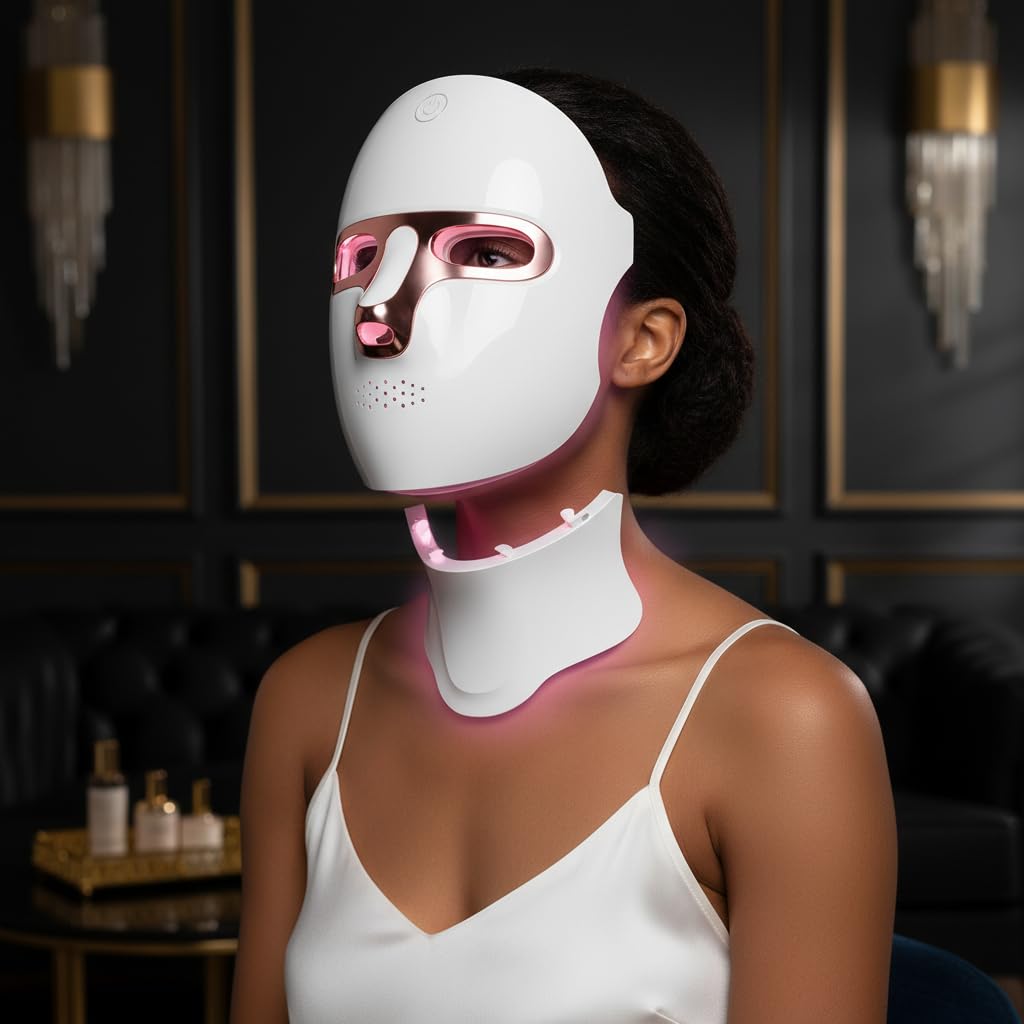 Masque LED Visage et Cou 7 Couleurs The Glow Care, Luminothérapie Anti-Rides Anti-Acné Anti-Taches, Appareil LED Rechargeable USB, Soin Professionnel Maison, Certifié CE