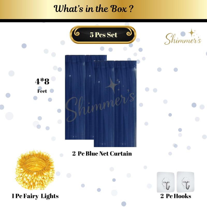 Image of Shimmers Blue Net Curtain Decoration Set - 5 Pcs Kit with 2 Curtains (4x8 ft), Fairy Lights & Hooks, Wedding Backdrop & Home Decor