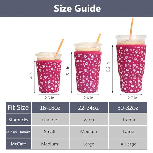 Image of 3 Pack Reusable Iced Coffee Sleeves - Xumbtvs Insulator Sleeve for Cold Beverages, Neoprene Coffee Cup Holder (Pink paw)