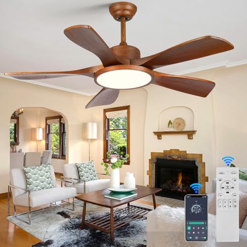 LINJO 52 Inch Wood Ceiling Fan with Lights and Remote Control 5 Solid Wooden Blades Modern Farmhouse Outdoor Ceiling Fan for Patios Living Room FCC Reversible DC Motor