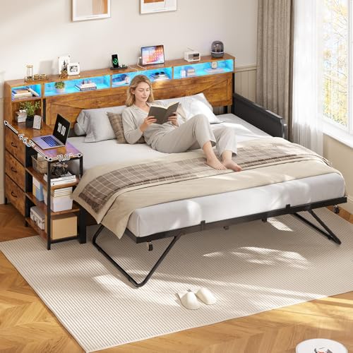 Image of MSmask Daybed with Trundle, Twin Day Bed with 3 Storage Drawers and Shelves, Farmhouse Wooden Daybed Frame with Charging Station and LED Lights for Bedroom, Rustic Brown