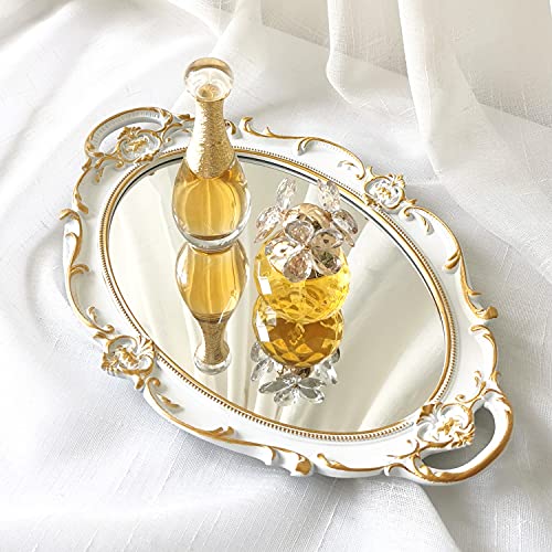 Yamfurga Oval Decorative Mirror Tray, French Style, Makeup Organizer, Jewelry Organizer, Serving Tray, 9.8