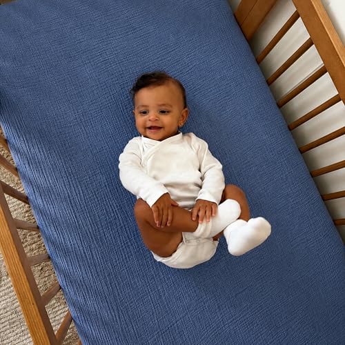 Image of Newton Baby Deluxe Crib Sheet, Evening Blue | Ultra-Soft Breathable Organic Cotton, Fitted, Thicker & Softer Design, Machine Washable