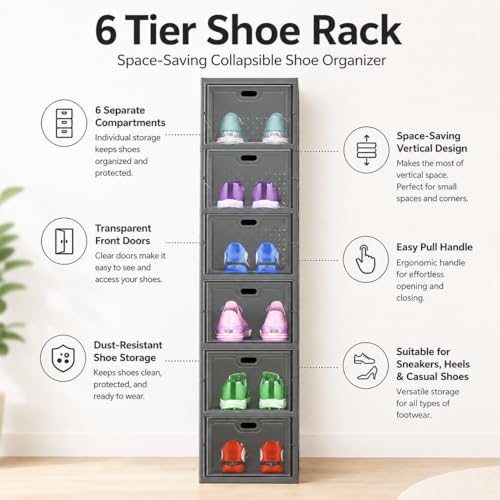 Image of Sulfar 6 Tier Shoe Rack Collapsible Shoe Organiser with Door - Foldable Sneaker Crates Footwear Organiser for Men, Women, Heels, Boots, Loafers, Sneakers, Slippers (Grey)