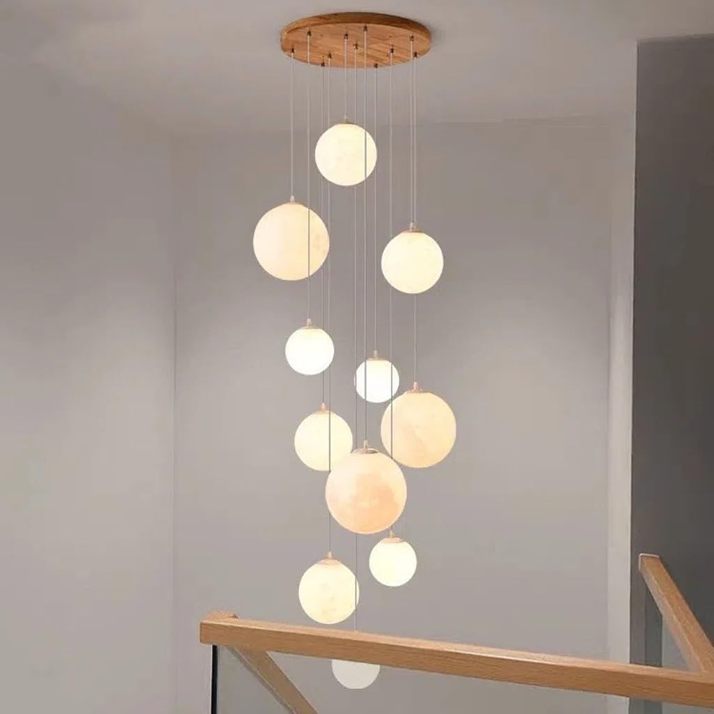 Sospensione Moderno La Spia Lampada A Sospensione Della Scala Lunare E27 Per Soffitti Ad Alta Modifica Lampadari A Soffitto In Legno Light Plapshade Per Scale, Sala Da Pranzo Soggiorno Foyers(11