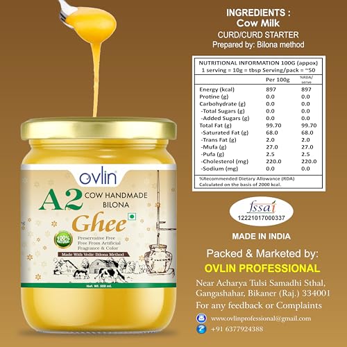 Image of Ovlin A2 Desi Cow Ghee | Handmade Bilona Method Ghee | Pure Desi Cow Milk | Traditional Vedic Bilona Process | 100% Natural, Preservative Free | Rich in Vitamins A, D, E & K | Pure A2 Bilona Cow Ghee for Cooking & Daily Nutrition 500ml