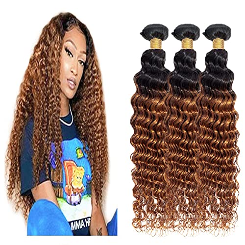 1b30 Deep Wave Ombre Human Hair Bundles Tow Tone Hair Bundle Wet And Wavy Bundles With Dark Roots Hair 3 Bundles Brown Bundle 20 22 24 Inch