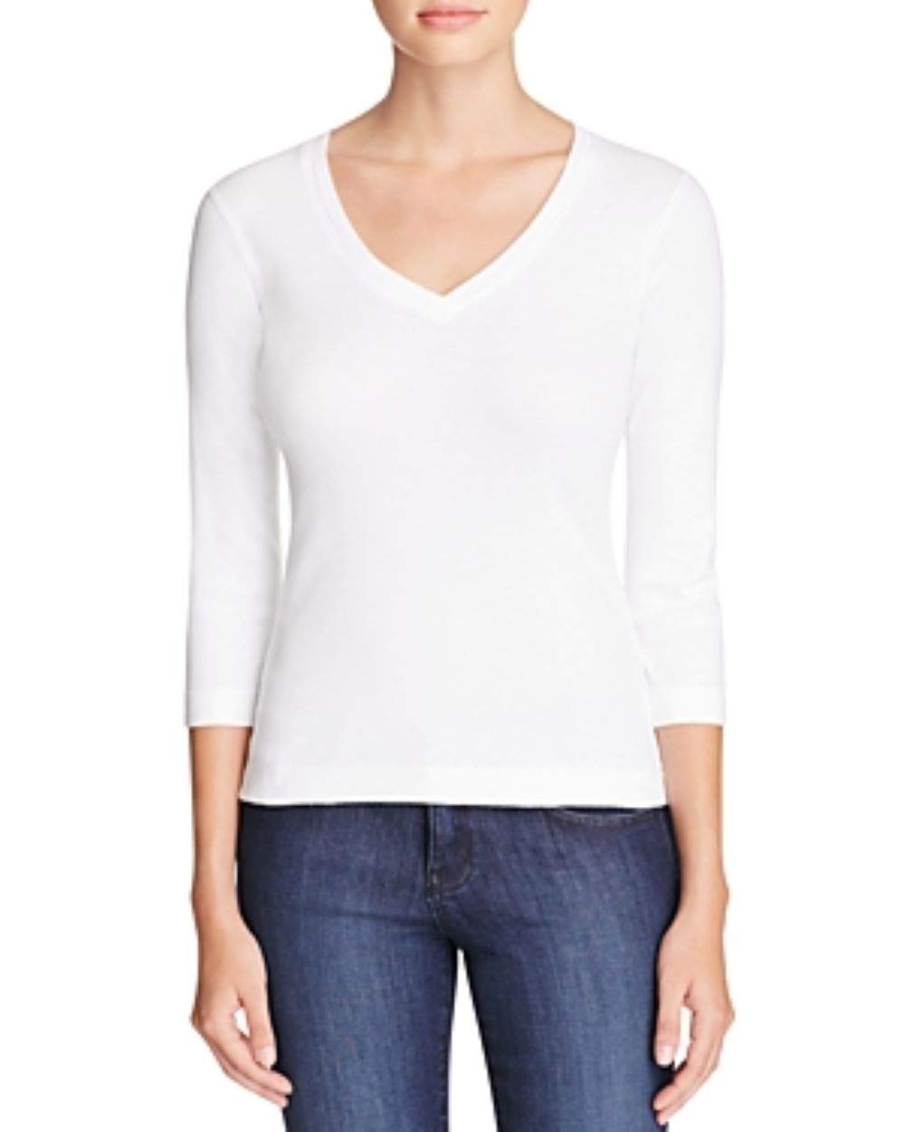 Three Red Dots Womens 3/4 Sleeves V-Neck Knit Top White L