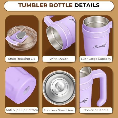 Image of Insulated Tumbler with Straw Lid and Handle (1200 ML) Double Wall Sipper Water Bottle for Adults, Tumbler Bottle with Straw (Lavender, 1200 ML, with Bear Straw Cover)