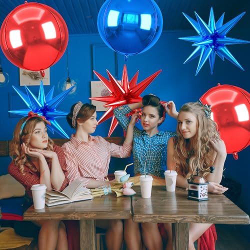 Image of 6pcs 22 inch Blue Red Star Balloons and 4D Large Foil Balloons, Dark Blue Star Balloon Red 4D Foil Aluminum Balloon For Birthday Baby Shower Nautical Patriotic Baseball Theme Party Wedding Decoration