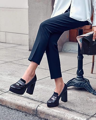 Image of Coutgo Womens Platform Heels Loafers Chunky High Heel Closed Toe Patent Leather Shoes Penny Loafer Business Dress Work Pumps