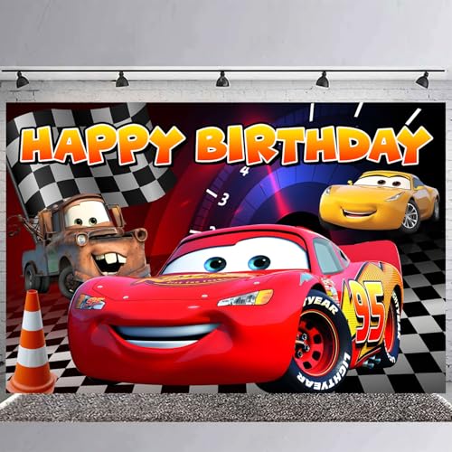 Image of Cartoon Car Birthday Decorations,Anime Backdrops for Party Decorations Supplies,Cartoon Car Happy Birthday Banner Backdrop for Party Supplies (5x3ft)