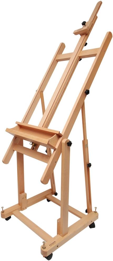 Mont Marte Tilting Studio Wooden Floor Easel. Height Adjustable Extra Large H-Frame Featuring a Large Tilt Range. Castor Wheels Allow Easy Movement and Can Be Locked into Place.