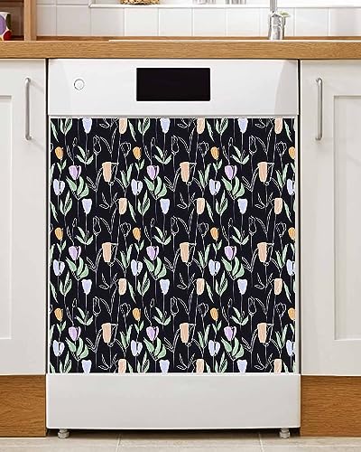 Dishwasher Magnetic Cover, Mid Century Orange Brown Beige Blue Abstract Retro Geometric Modern Magnet Dishwasher Door Cover Refrigerator Decal Kitchen Appliances Decor Stickers, Easy Clean, 23"Wx26"H