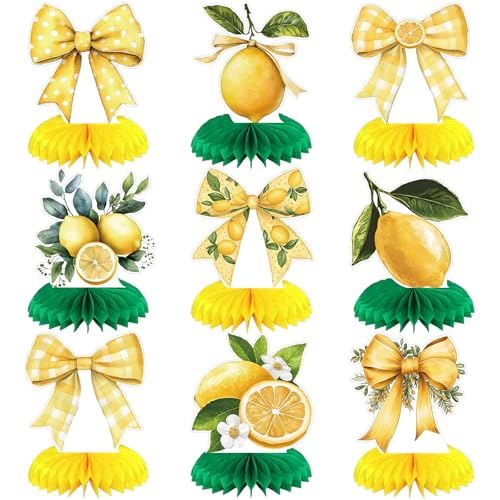 Weekgrat 9 Pcs Lemon Party Decorations Honeycomb Centerpieces Coquette Lemon Bow Table Toppers Amalfi Coast Party Decorations for Summer Birthday Supplies