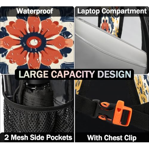 Boho Abstract Colorful Floral Clear Backpack for Stadium Events, Vintage Flowers Waterproof Clear Bag for Women Men Adult Sport Work Daily Music Festival and Concerts3