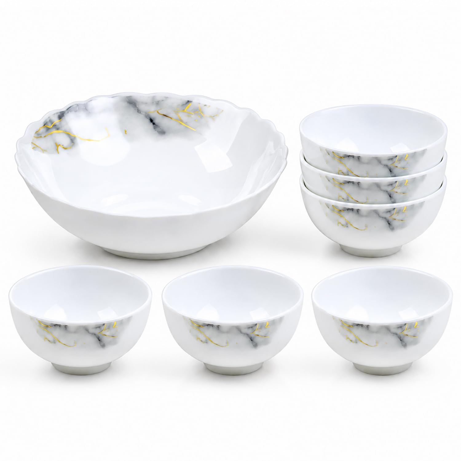HOMSMYTH Luxury Porcelain Bowl Set of 7 – Marble Pattern Cereal Bowls, Soup Bowls, Rice Bowls & Dessert Bowls, Microwave Safe Dishwasher Safe for Kitchen & Dining Room (Marble Design)