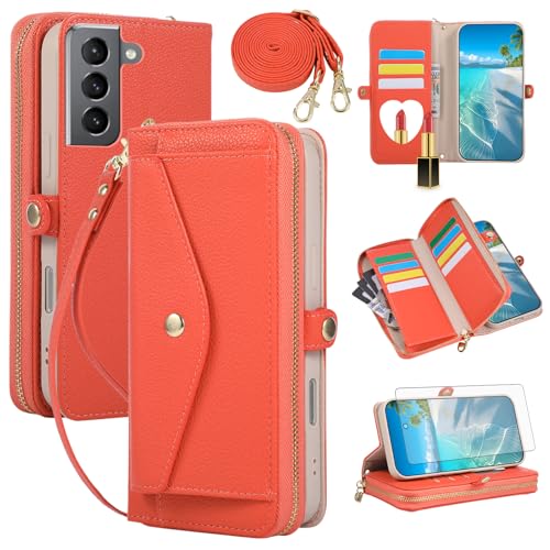 Coque Samsung S22 5G porte-cartes fermeture éclair étui bandoulière verre trempé femme