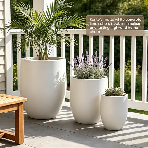 Image of Kante 21.7 inch Tall White Concrete Planter, Large Decorative Round Planter with Drainage Hole & Rubber Plug, Handmade Weather Resistant for Indoor Outdoor Home Garden, Weathered White Finish