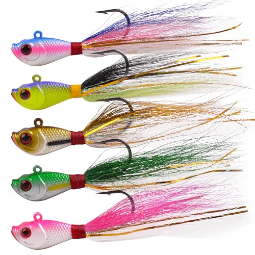 Bucktail Jigs Saltwater Fishing Lures, 5pcs Premium Bucktail...