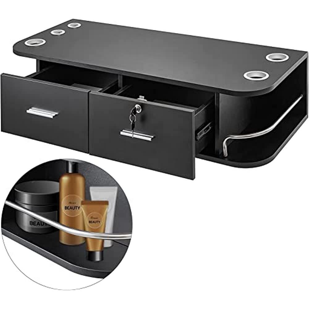 VEVOR Black Wall Mount Styling Station Classic Locking 2 Drawers Storage Beauty Salon Equipment 5 Hair Dryer Holes Locking Cabinet for Beauty Salon or SPA, Barber Shop, Home & Bathroom