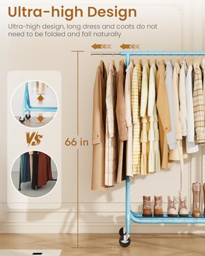 Image of Heavy Duty Clothing Rack, Metal Clothes Rack Load 450 LBS, Rolling Coat Racks for Hanging Clothes with Lockable Wheels, Wardrobe Closet Garment Racks for Bedroom, Sky Blue