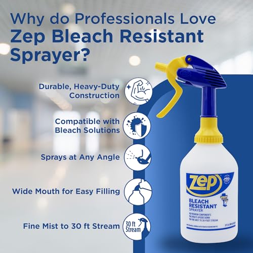 Zep New Bleach Resistant Professional Sprayer 2.0 Bottle 32 Ounces - 30 Foot Spray, Adjustable Nozzle