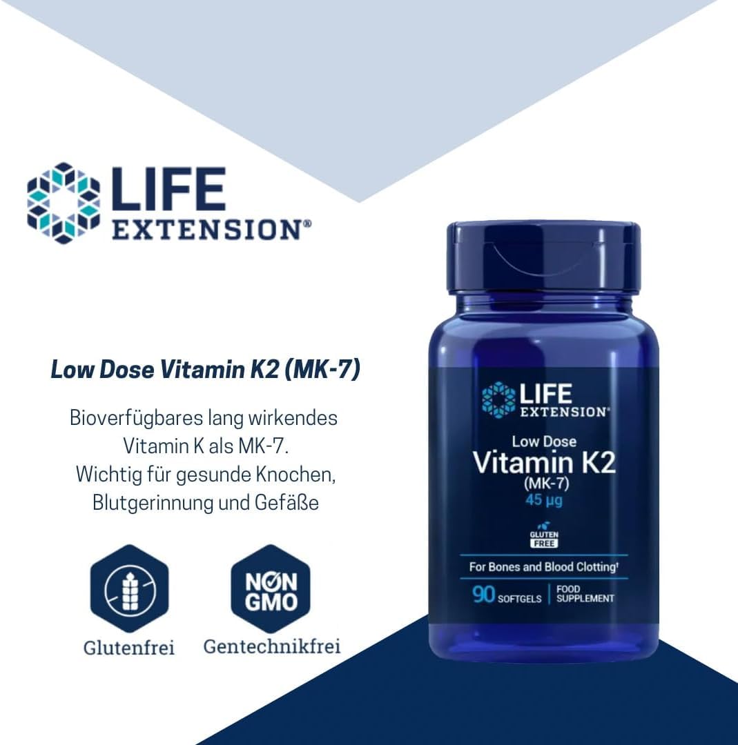 Life Extension - Low-Dose Vitamin K2 (MK-7) 45 mcg 2x 90 Softgels – erhält Knochenstärke, fördert gesunde Blutgerinnung