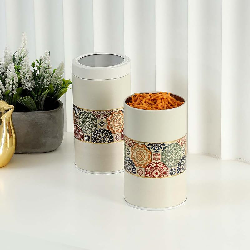 Image of Mandala Collection Airtight Kitchen Container Set| 850ML- Set of 2| Food Grade Metal Jars for Cereals, Cookies, Dal & Dry Food Storage| Vacuum Lid, Rust Resistant| Beige Rangoli Canisters