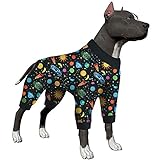LovinPet Big Dogs Onesies: Big Dog Pajamas, Post Surgery/Wound Care, Lightweight Stretchy Fabric, Interstellar Black Print, Dog Jumpsuit, Anti Licking, Pet PJ's/Large