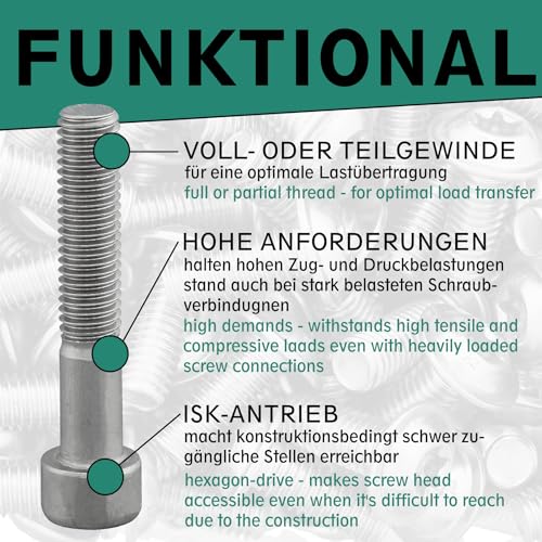 Cilinderschroef met binnenzeskant volgens DIN 912 / ISO 4762 volledige schroefdraad roestvrij staal A2 V2A cilinderkopschroef incl. De schroevenfabrikage sticker (M8 x 35 mm, 10 stuks)