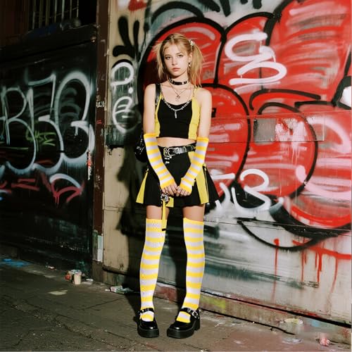Image of Tongcloud Women's Striped Knee High Socks, Over Knee Thigh High Socks, Arm Warmer and Fingerless Gloves Set