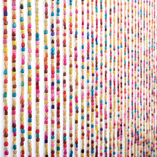 SanBouSi Rideau de porte en perles de bambou - 27 brins - Arc-en-ciel - Bois naturel multicolore - Rideau à fils - Anti-insectes - Artisanat - 90 x 175 cm