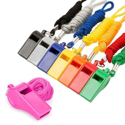 8-Pack Loud 120dB Safety Whistles with Lanyard – Bright Colored Plastic Emergency Whistles for Sports, Coaches, Lifeguards, Survival Kits & Outdoor Activities