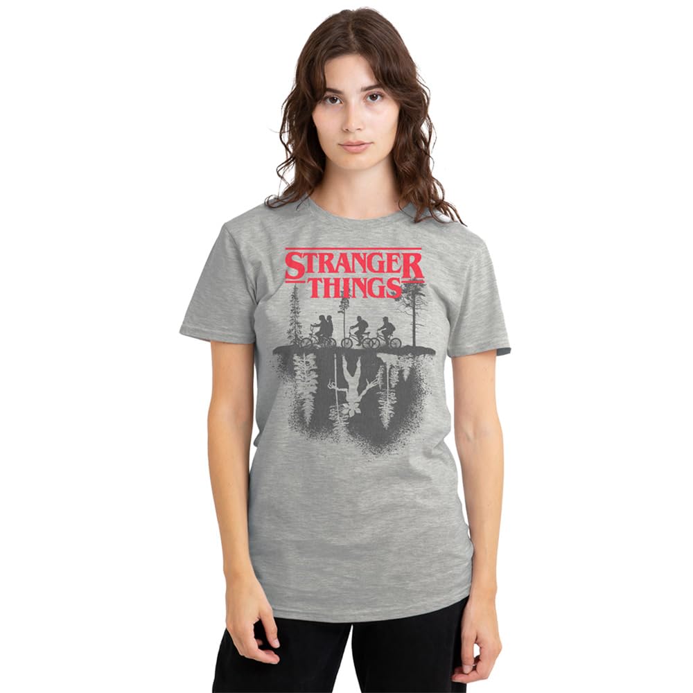 Stranger Things Silhouette Forest Logo Ladies T Shirt, Athletic Heather, Medium
