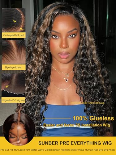 Image of Sunber Bye Bye Knots 7x5 Lace Glueless Water Wave Human Hair Wig 16Inch | Golden Brown Highlights No Slip Wet and Wave Gluless Wig 150% Density Put On Go Pre Bleached Invisible Knots