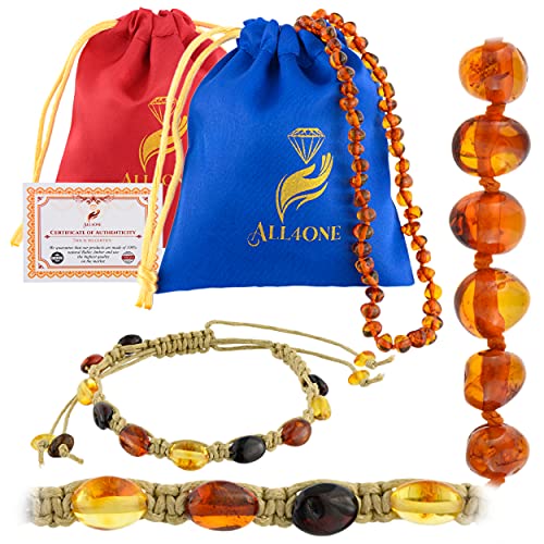 Baltic Amber Necklace and Bracelet Set - Authentic Unisex Baroque Amber Necklace (Cognac Color) â€“ Adjustable Baroque Style Amber Bracelet (Multi Color) - â€“ 100% Certified Authentic Baltic Amber.