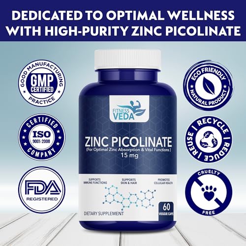 Image of Zinc Picolinate 15mg - High Absorption Zinc Supplement for Immune Support | Skin Health, Hair & Metabolism | Promotes Cellular Health - 60 Vegetarian Capsules