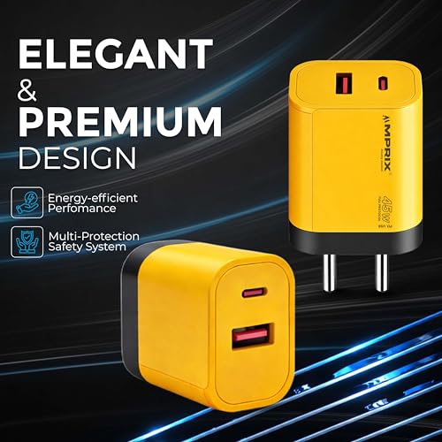 Image of Premium 45W GaN (USB & Type-C) Dual Port Super Fast Charger, Power Delivery 3.0 & USB-A Fast Charging Adaptor with Type-C to C Braided Cable for iPhone, Android & Other Type C Devices (Yellow)