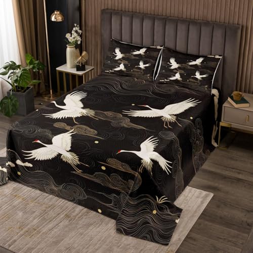 Feelyou Kids Japanese Crane Bedspread King Size Traditional Retro Theme Coverlet Set for Boys Girls Cute Bird Quilted Coverlet Quilted Room Decor,1 Bedspread+ 2 Pillow Shams