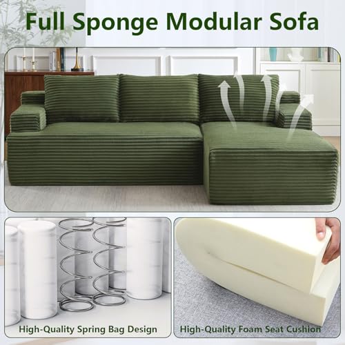 Image of 96 inch Modular Sectional Sofa, Modern Corduroy Cloud Couch, Boneless Couch Upholstered 3-Seater L-Shaped Sofa for Living Room, No Assembly Required (Green, Right-Facing Chaise)