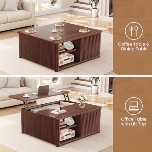 Image of SEDETA 31.5 inch Lift Top Coffee Table with Storage, Square Coffee Tables for Living Room, Fluted Coffee Table with Large Hidden Storage Compartment and Adjustable Shelves, Walnut